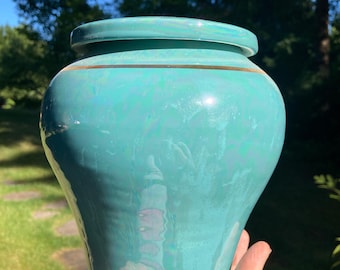Handmade Ceramic Cremation Urn: Light Teal Porcelain with 22K Gold (120 cubic inches)