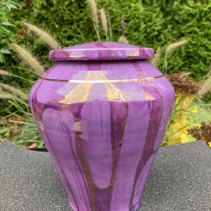 Handmade Purple Ceramic Cremation Urn with Gold Banding (110 cubic inches)