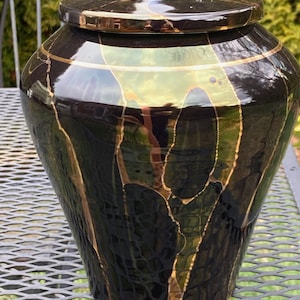 Handmade Ceramic Cremation Urn: Black & Gold Pottery, 110 Cubic Inches