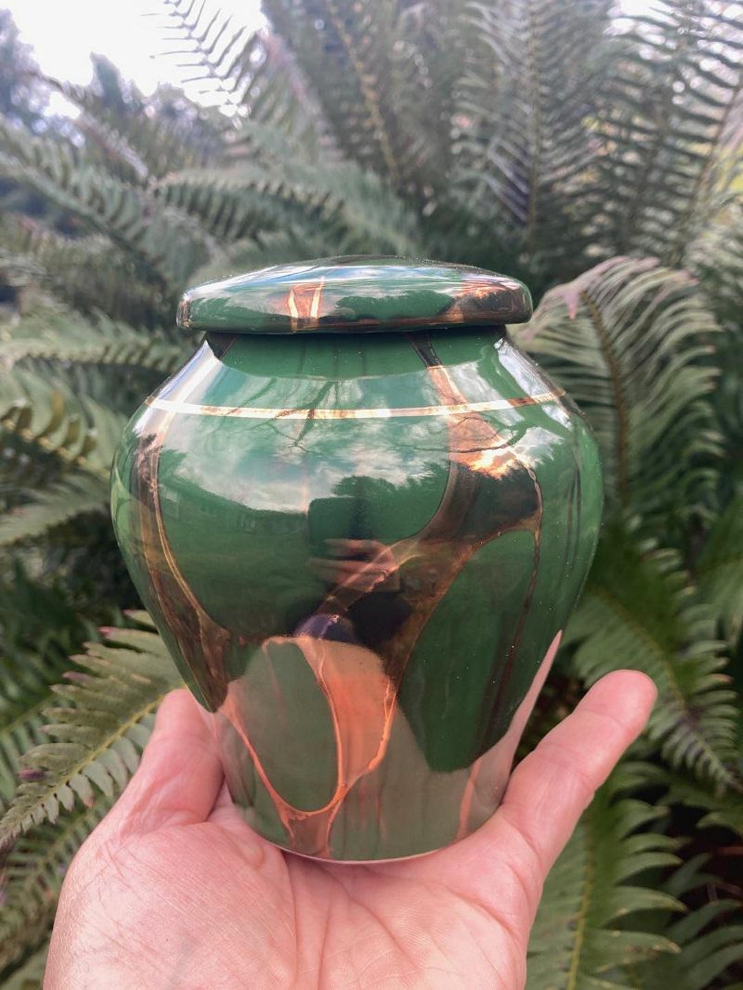 Handmade Ceramic Pet Cremation Urn: Green Pottery With 22kt Gold, (40 ...