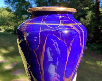 Handmade Ceramic Cremation Urn: Royal Blue with Gold, 150 Cubic Inches