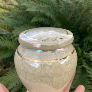 Może przedstawiać: Mała, biała ceramiczna urna z pozłacanym wykończeniem. Urna ma perłowy połysk i wirujący wz&oacute;r.