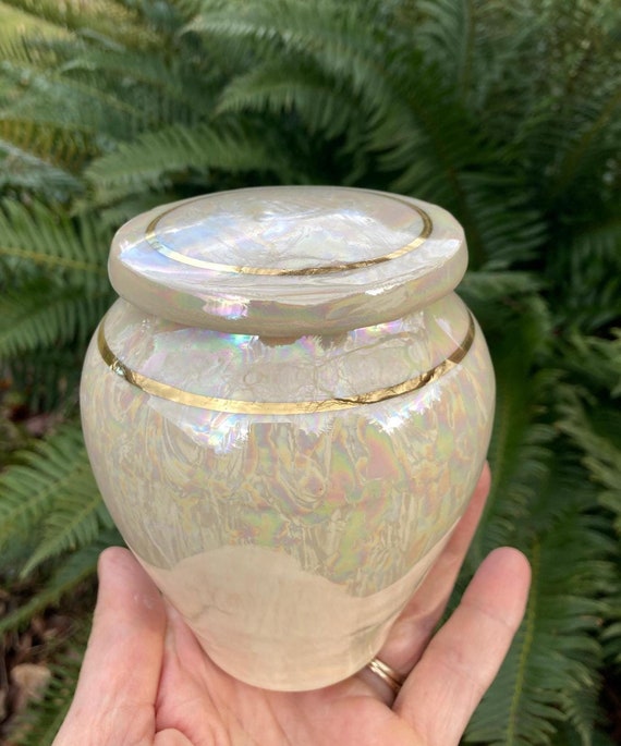 Handmade Ceramic Cremation Urn: White Pottery with Mother of Pearl, (40 Cubic Inches)