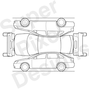 Pode incluir: Desenho de linha de um carro visto de cima e de lado. O carro é um sedan com quatro portas e um porta-malas. O carro é desenhado em preto e branco.