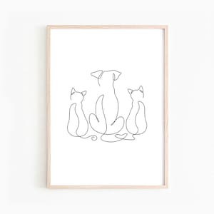 One Line Drawing | Two Cats and Dog Wall Art | Cats and Dog Silhouettes | Ink drawing | Animal Print | Minimalistic Print