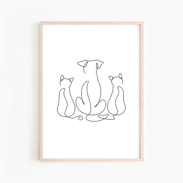 One Line Drawing | Two Cats and Dog Wall Art | Cats and Dog Silhouettes | Ink drawing | Animal Print | Minimalistic Print