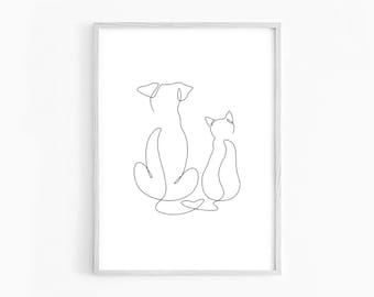 One Line Drawing | Cat and Dog Wall Art | Cat and Dog Silhouettes | Ink drawing | Cat and Dog Printable | Animal Print | Minimalistic Print