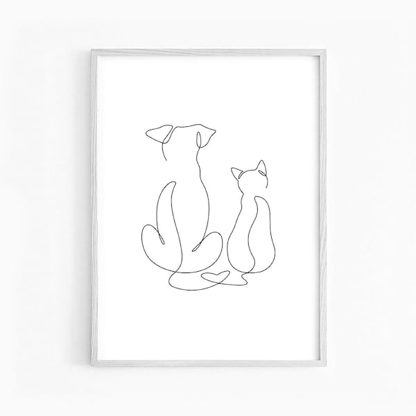 One Line Drawing | Cat and Dog Wall Art | Cat and Dog Silhouettes | Ink drawing | Cat and Dog Printable | Animal Print | Minimalistic Print