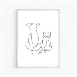 Dibujo de una línea / Arte mural de Labrador y Bulldog francés / Siluetas de 2 perros / Dibujo a tinta / Perros imprimibles / Impresión de animales