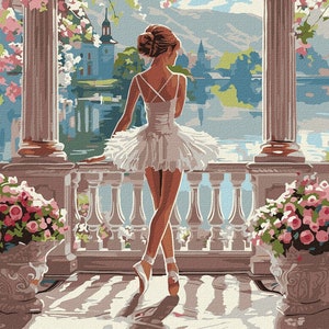 Op de afbeelding: Een ballerina in een witte tutu staat op een balkon met uitzicht op een meer en een stad. Roze bloemen bloeien op de voorgrond en achtergrond. De scène is geschilderd in een schilderachtige stijl.