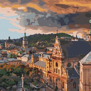 Town Paint By number Kit Ukraine City Lviv Diy Painting Kit Painting On Canvas Wall Picture Frame Set Diy Painting Diy Paint Kit