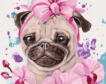 Pug HandMade DIY Pink Bubble Painting by Numbers Set for Pet Painting Canvas With Frame Unique Design Dog Picture Gift for Adult