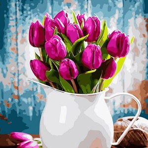 Tulipani in un vaso Dipingi con i numeri Kit Fiori Kit di pittura fai da te Dipingere su tela Set di cornici per foto da parete Kit di pittura fai da te Immagine da parete