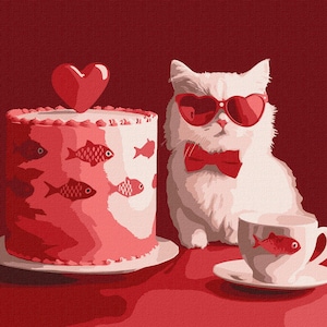 Kit de peinture par numéro de chat avec un gâteau | Kit de peinture pour chat DIY | Cadeau pour elle | Cadeau d&#39;anniversaire | Kit de peinture à numéros d&#39;animaux