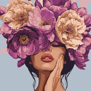 Blumenkopf Mädchen Kunst Malen nach Zahlen Kit | Lila Blumen | Wohnkultur | Handmade Geschenk