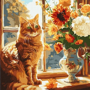 Cat Paint By number Kit | Cat with flowers paint kit DIY