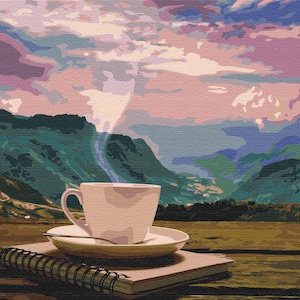 Coffee in Mountains Paint By number Kit Landscape Diy Painting Kit Painting On Canvas Wall Picture Frame Set Gift for Her