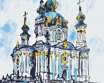 St Andrew's Church Paint By number Kit Diy  Kyiv Ukrainian City