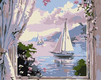 May include: A paint-by-numbers style image of a seascape viewed through a window. Two sailboats glide on the water under a cloudy sky. Pink flowers and green foliage frame the window, with a sheer curtain on the left.
