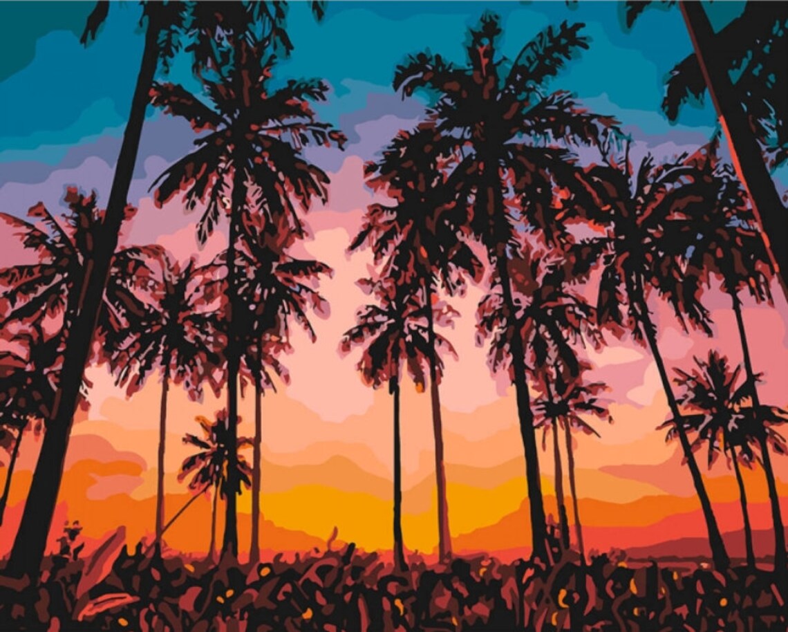 Palm Trees Paint By Numbers Sunset Landscape For Adults Home Etsy