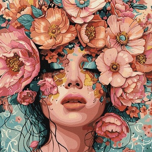 May include: A woman with her eyes closed is surrounded by pink, peach, and white flowers. The flowers are arranged around her head and face, creating a floral crown. The woman's skin is painted with a floral pattern.