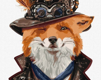 Puede incluir: Un zorro astuto con un sombrero de copa marrón con detalles steampunk, incluyendo gafas y engranajes. El zorro está guiñando un ojo y tiene una sonrisa pícara. El zorro también lleva una chaqueta marrón con una corbata azul.