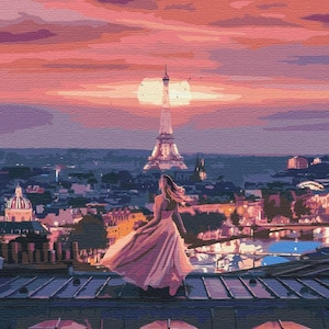 May include: A woman in a pink dress stands on a rooftop overlooking the city of Paris. The Eiffel Tower is visible in the distance, and the sky is a vibrant pink and orange.