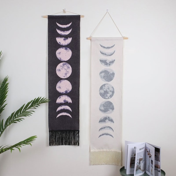Moon Phase Tapestry Wall Hanging, Full Growth Cycle of The Moon Banner Wall Tapestry Cotton Linen Wall Art-2 Colors
