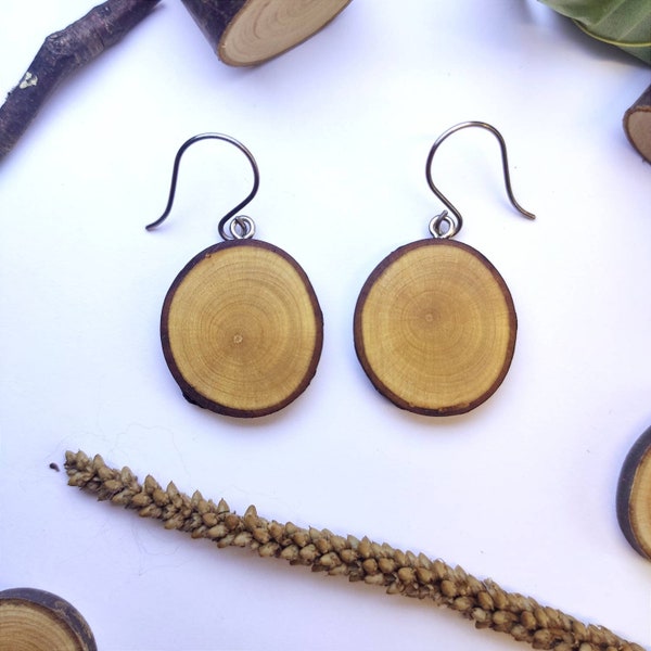 Natural Wood Slice Earrings, Wood Earrings, Lightweight Earrings, Natural Earrings, Wooden Jewellery, Blackthorn Log Slices, Nickel Free