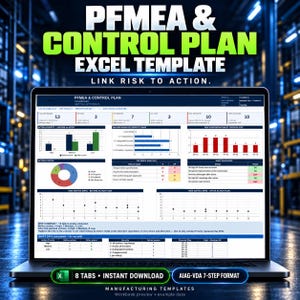Könnte beinhalten: Ein Laptop-Bildschirm zeigt ein PFMEA & Control Plan Excel-Vorlagen-Dashboard mit verschiedenen Diagrammen, Risikomatrizen und Tabellen. Der Bildschirm zeigt Text wie PFMEA & CONTROL PLAN, LINK RISK TO ACTION, 8 TABS und AIAG-VDA 7-STEP FORMAT.