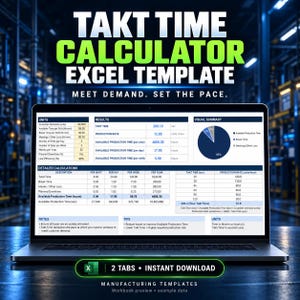 Puede incluir: Una pantalla de portátil que muestra una plantilla de Excel de calculadora de tiempo de takt con tablas de datos, un gráfico circular y el texto "MEET DEMAND. SET THE PACE." La interfaz incluye secciones para unidades, resultados, cálculos y notas.