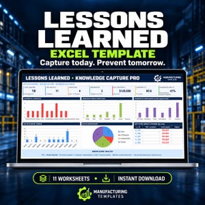 Könnte beinhalten: Ein Laptop-Bildschirm zeigt ein Lessons Learned Excel-Vorlagen-Dashboard mit Datenvisualisierungen, darunter Balkendiagramme, ein Kreisdiagramm und eine Tabelle mit dem Titel Knowledge Capture Pro, die Metriken wie Lektionen und Kosten anzeigt.