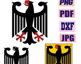 Könnte beinhalten: Grafikdatei mit einem schwarzen Adler mit roten Akzenten, in verschiedenen Formaten. Der Adler wird in drei Varianten dargestellt, darunter eine auf einem gelben Schild. Dateiformate sind SVG, PNG, PDF, DXF und JPG.