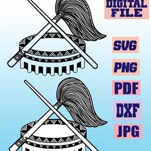 Puede incluir: Diseño digital en blanco y negro de una fregona y un tambor. El diseño incluye el texto "DIGITAL FILE" y opciones de tipo de archivo: SVG, PNG, PDF, DXF y JPG.