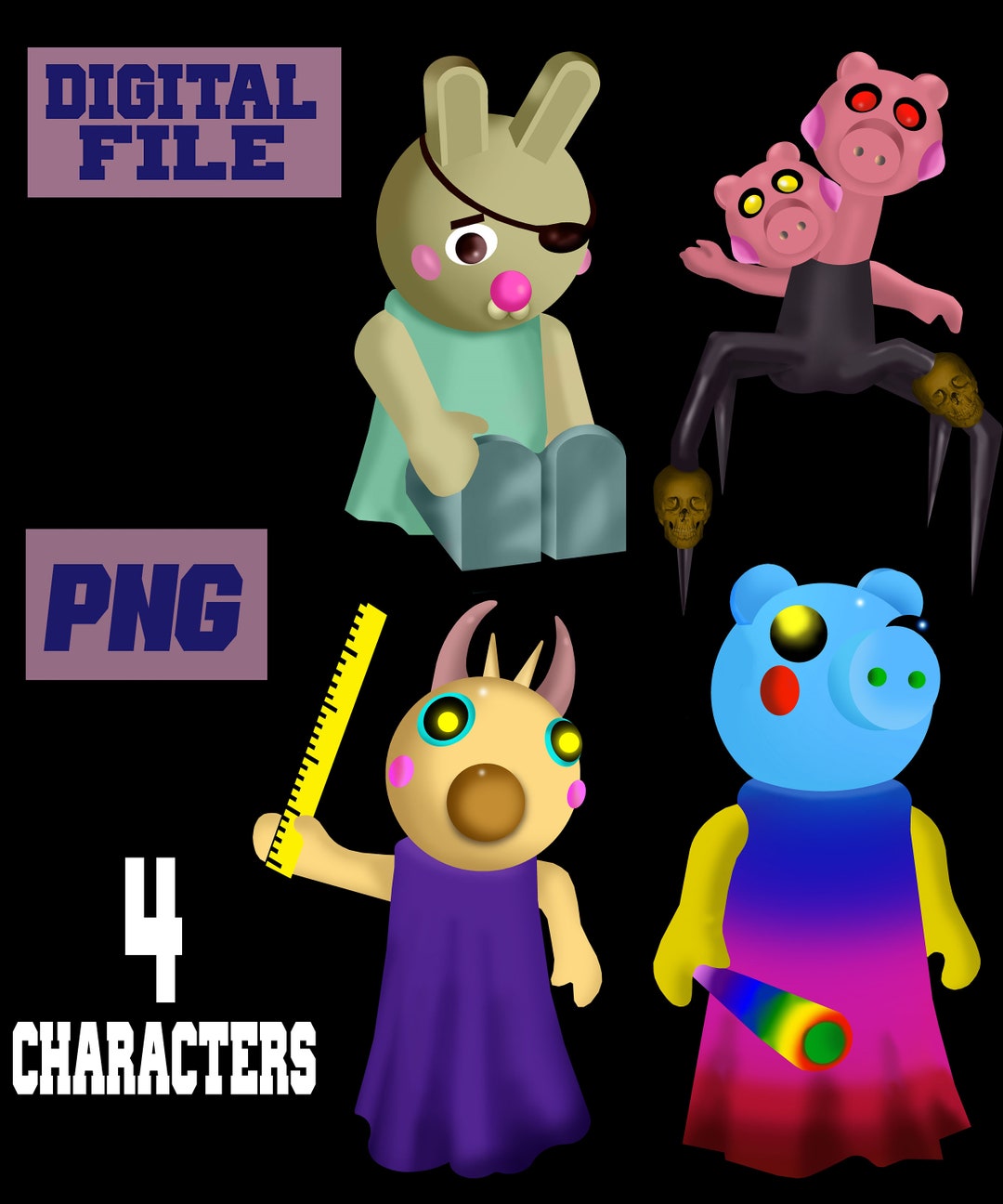 png/jpg/pdf Piggy Roblox game gaming, 6 characters in one design..INSTANT  DOWNLOAD, download file, digital file