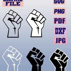 Op de afbeelding: Digitaal bestand met een vuistontwerp in verschillende stijlen. De afbeelding bevat de woorden "DIGITAAL BESTAND" en bestandstype-indicatoren zoals SVG, PNG, PDF, DXF en JPG. De vuisten worden in zwart en wit weergegeven.