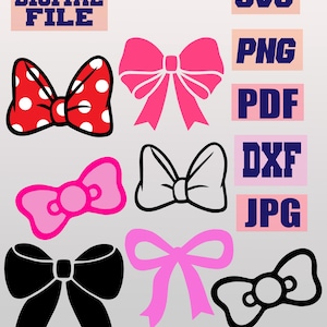 Puede incluir: Archivo digital con varios diseños de lazos en rojo, rosa, negro y blanco. Incluye un lazo rojo con lunares blancos, lazos rosas sólidos y formas de lazos delineadas. Los formatos de archivo incluyen SVG, PNG, PDF, DXF y JPG.