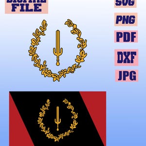 May include: Digital file graphic featuring a gold sword and laurel wreath design. The design is repeated on a flag with black, red, and gold elements. File type options include SVG, PNG, PDF, DXF, and JPG.