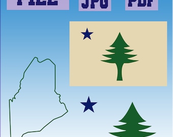 svg/png/jpg/pdf Maine 1901 Flag State, Maine Map Outline, Pine tree and star cut file for Cricut.. download digital file