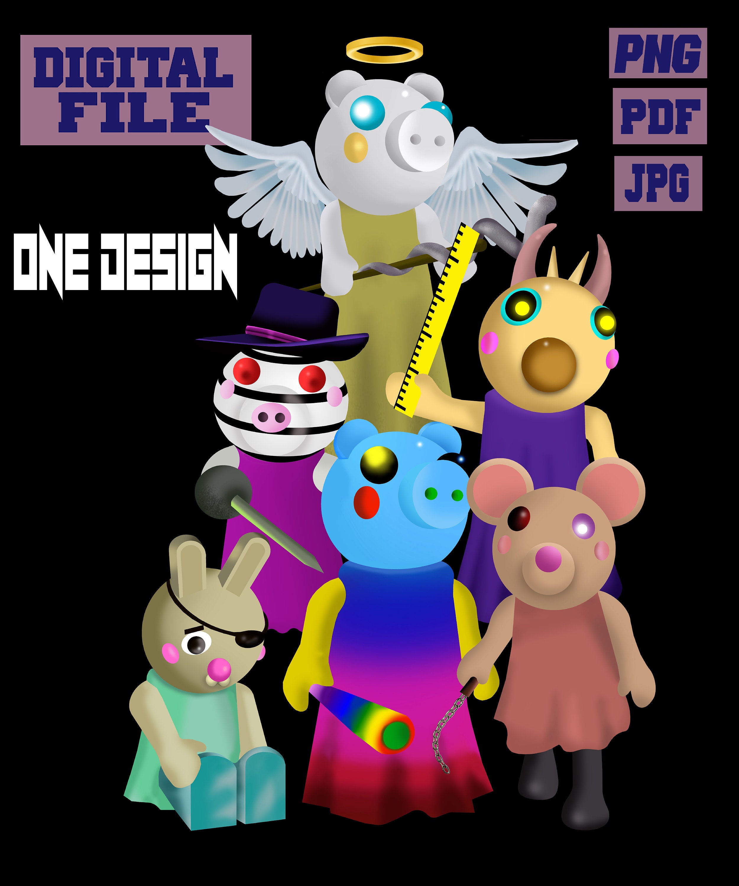 png/jpg/pdf Piggy Roblox game gaming, 6 characters in one design..INSTANT  DOWNLOAD, download file, digital file