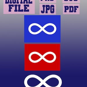 May include: Digital file download options for a graphic design of an infinity symbol. The infinity symbol is white on a blue background, white on a red background, and white on a dark blue background.