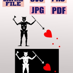 Puede incluir: Una ilustración en blanco y negro de una bandera pirata con un esqueleto sosteniendo una lanza y un corazón. La bandera está sobre un fondo negro con tres corazones rojos.