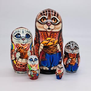 7&quot; Cat Nesting dolls 5 in 1 Matryoshka Handmade and painted in Ukraine Wooden toy Stacking dolls Russian doll Gift for kids Home decor