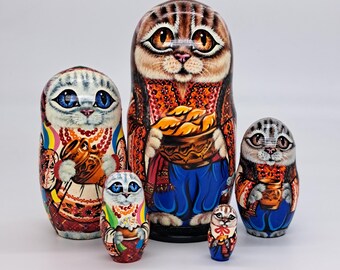 7" kattennestpoppen 5 in 1 matroesjka Handgemaakt en geschilderd in Oekraïne Houten speelgoed Stapelpoppen Russische pop Cadeau voor kinderen Woondecoratie