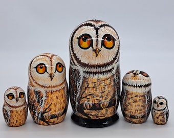 Muñecas rusas de la familia Búhos, Matrioska de 14,5 cm de alto, 5 en 1, hechas a mano en Ucrania, juguete de madera, decoración del hogar, colección.