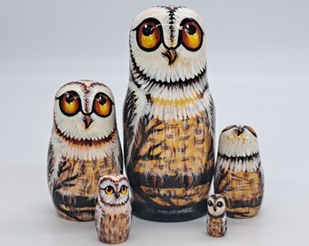 Eulen Familie Matroschka 12 cm Handmade 5 in 1
