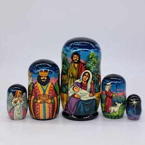 7" Nativity nesting dolls 5 in 1 Christmas mstryoshka Holiday home decor Stacking Wooden toy Made in Ukraine
