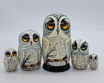 Muñecas rusas de búhos polares de 5,7" Matryoshka hechas a mano 5 en 1 hechas a mano en Ucrania Juguete de madera Decoración del hogar Colección Muñecas apilables