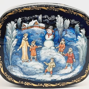 Palekh Russian lacquer box “Happy Winter holiday” by Fedotov Hand painted