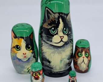 5" kattennestpoppen 5 in 1 matroesjka Handgemaakt en geschilderd in Oekraïne Kitty Russische pop Houten speelgoed Woondecoratie